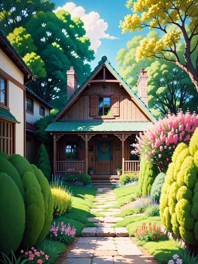 painting of a house with flowers and a pathway leading to it, flowery cottage, detailed painting 4 k, by Yang J, full of colors and rich detail, high detailed painting, high detailed), beautiful digital painting, detailed scenery —width 672, highly detailed digital painting, painted in anime painter studio, idyllic cottage, by Arthur Pan, detailed paintings