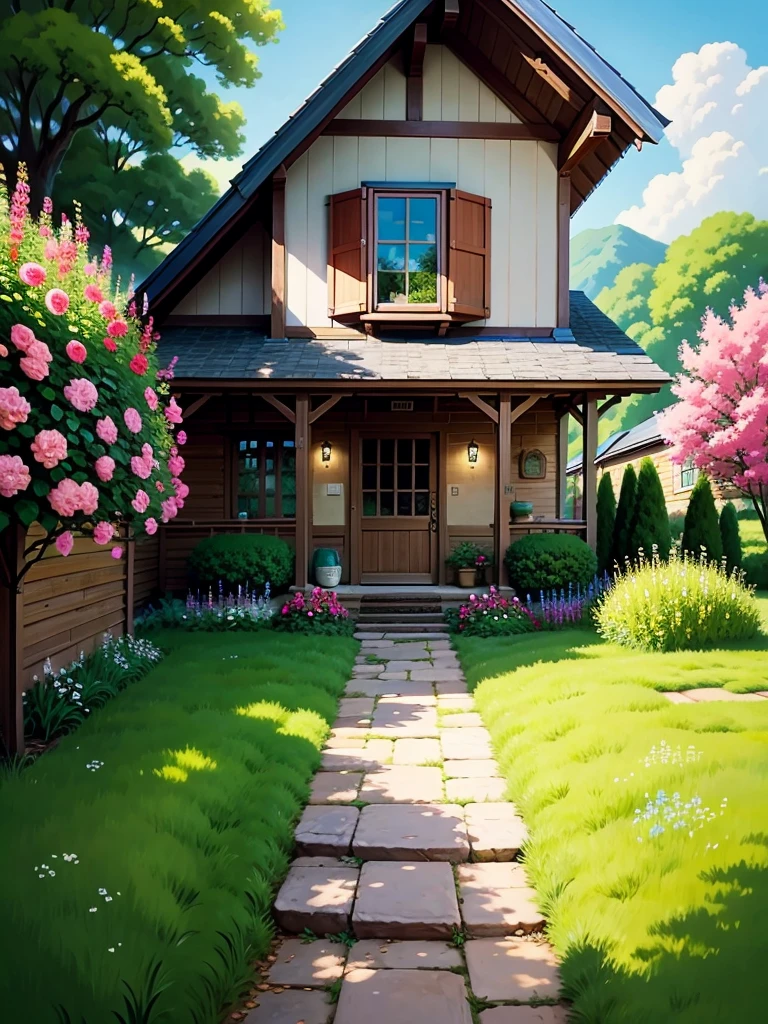 painting of a house with flowers and a pathway leading to it, flowery cottage, detailed painting 4 k, by Yang J, full of colors and rich detail, high detailed painting, high detailed), beautiful digital painting, detailed scenery —width 672, highly detailed digital painting, painted in anime painter studio, idyllic cottage, by Arthur Pan, detailed paintings