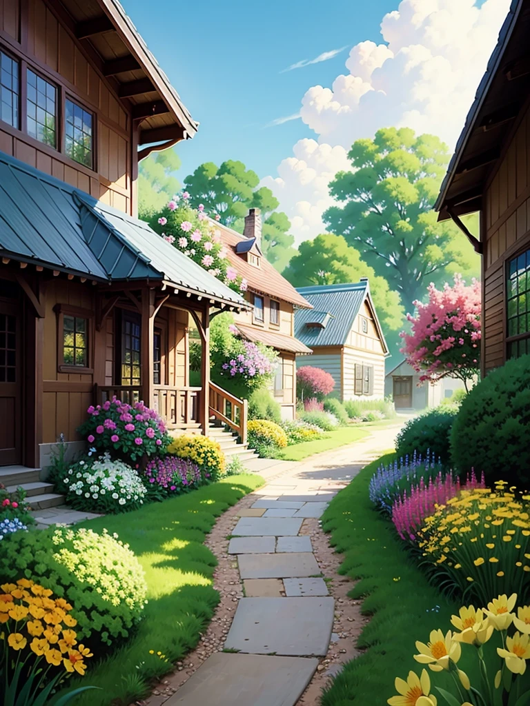 painting of a house with flowers and a pathway leading to it, flowery cottage, detailed painting 4 k, by Yang J, full of colors and rich detail, high detailed painting, high detailed), beautiful digital painting, detailed scenery —width 672, highly detailed digital painting, painted in anime painter studio, idyllic cottage, by Arthur Pan, detailed paintings