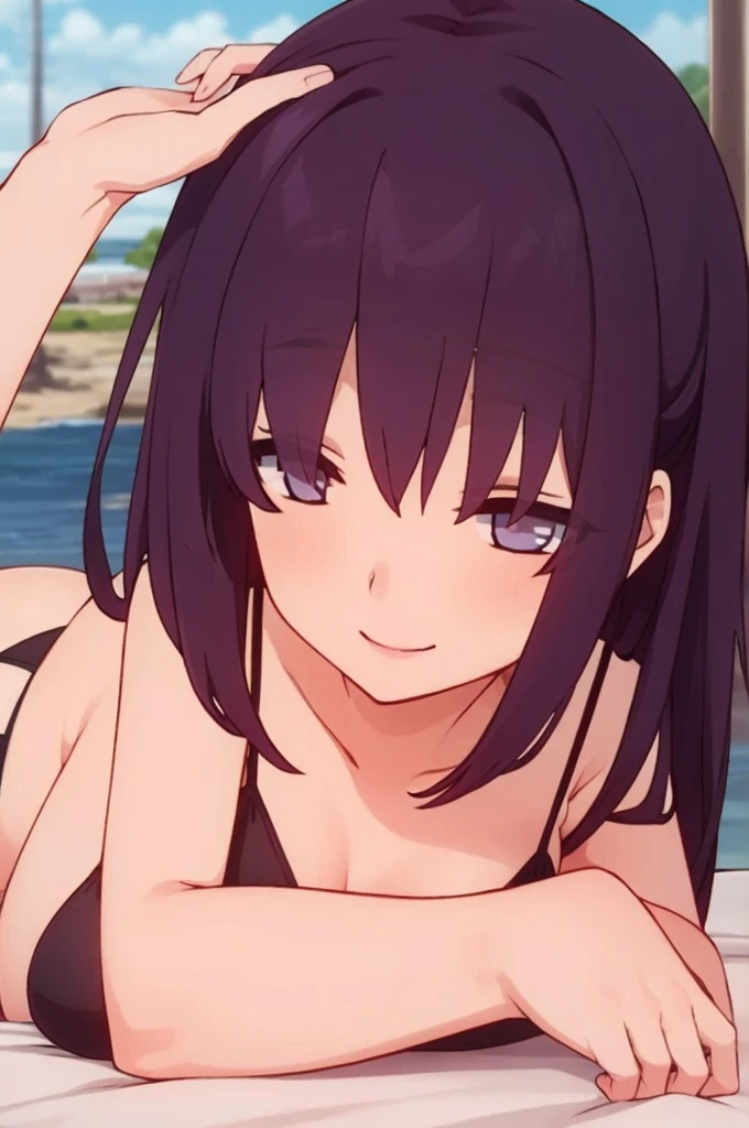 Seaside、Black Bikini、solo、Make your face clear、The gesture of tucking hair behind the ear、Red cheeks、smile、Shortcuts、Lying down