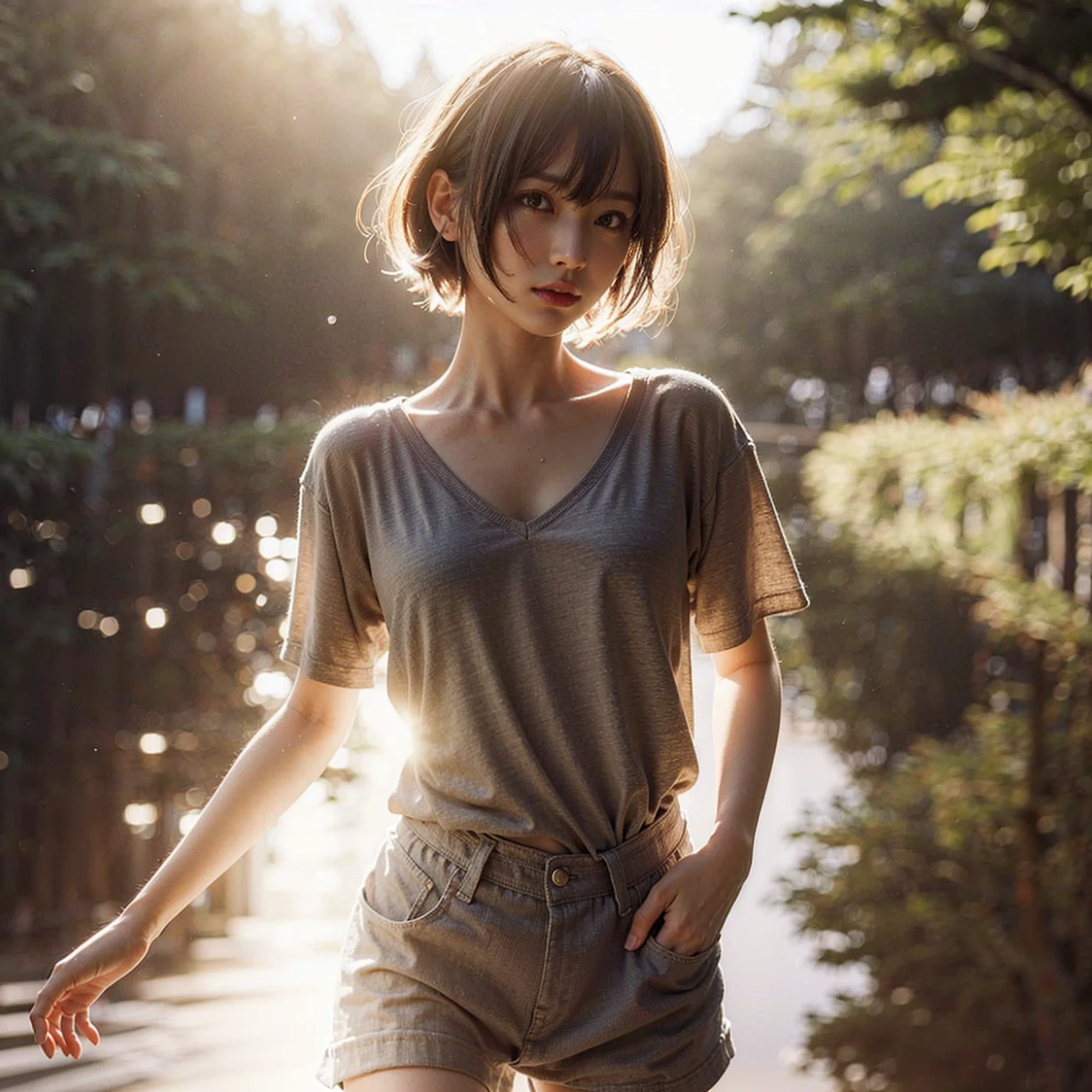 (masterpiece, best quality:1.2), (8k, uhd, ultra high res), professional lighting, (super intricate all details), (super realistic all textures), realistic photo, ultra sharp photo result, superrealism, Lakeside park with sunlight shining through the trees, (school uniform, shirt, skirt), japanese female, 17 years old, , skinny body, flat chest, (Tanned wheat skin:1.2), beautiful face, super detailed face, Dramatic poses with movement