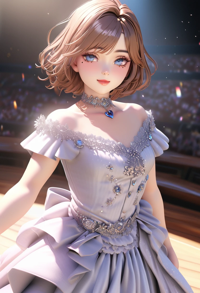 One girl, looking at the audience,
beautiful blue eyes, brown short hair, mole under eye, plump glossy lips, heart shaped choker, idol, smiling, . . . . 3D, realistic,
princess dress with too many frills, draped clothes, jewels, embellishments stripped away, floral patterns, lace trim, bright stage,
masterpiece, best quality, 8k, detailed skin texture, detailed fabric texture, beautifully detailed face, intricate details, highly detailed,
ultra high resolution, 8K Ultra HD, film grain, best shadows, delicate, looking at the audience, front