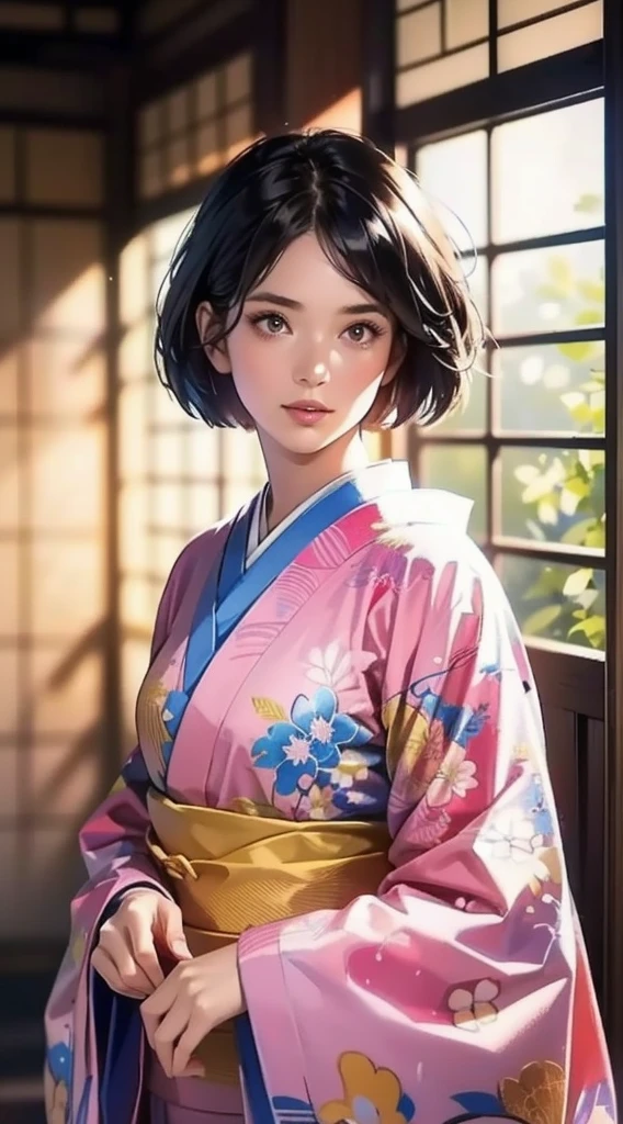 (Realistic)、(Realistic:1.2)、(High resolution)、Very detailed、Very beautiful face and eyes、1 girl、Delicate body、(highest quality、Attention to detail、Rich skin detail)、(highest quality、8k、Oil paint:1.2)、Very detailed、(Realistic、Realistic:1.37)、Bright colors、Full Body Shot,black_hair, Beautiful 8k eyes,Looking_in_Audience,One person in,Are standing,((Very beautiful woman, Fuller lips, Japanese pintern kimono))、((Colorful Japanese kimono)))、(((blackhair)))、(((Blunt bung,short hair)))、((( Inside an old Japanese house with a (short focus :1.4),)))、(masterpiece, highest quality, highest quality, Official Art, beautifully、aesthetic:1.2),(Fractal Art:1.3),Sengoku period、Greg Rutkowski Written by Alphonse Mucha Ropp,short ,uchikake,nishijin ori,(realistic light and shadow), (real and delicate background),(muted colors, dim colors, soothing tones:1.3), low saturation, (hyperdetailed:1.2), (noir:0.4),drow,blurry_light_background, (vibrant color:1.2), cinematic lighting, ambient lighting,Single Shot,Shallow Focus,pink lip,blurry light background,