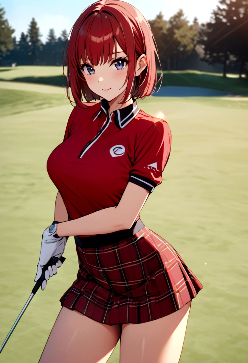 sound high resolution 8k beauty Woman playing golf Golf course Beautiful woman Bobcut Red hair Golf Wear mini skirt smile looking at the camera nice shot