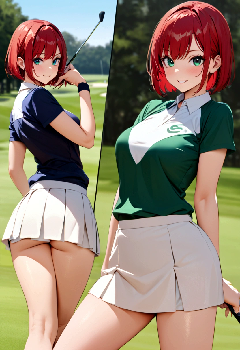 sound high resolution 8k beauty Woman playing golf Golf course Beautiful woman Bobcut Red hair Golf Wear mini skirt smile looking at the camera nice shot