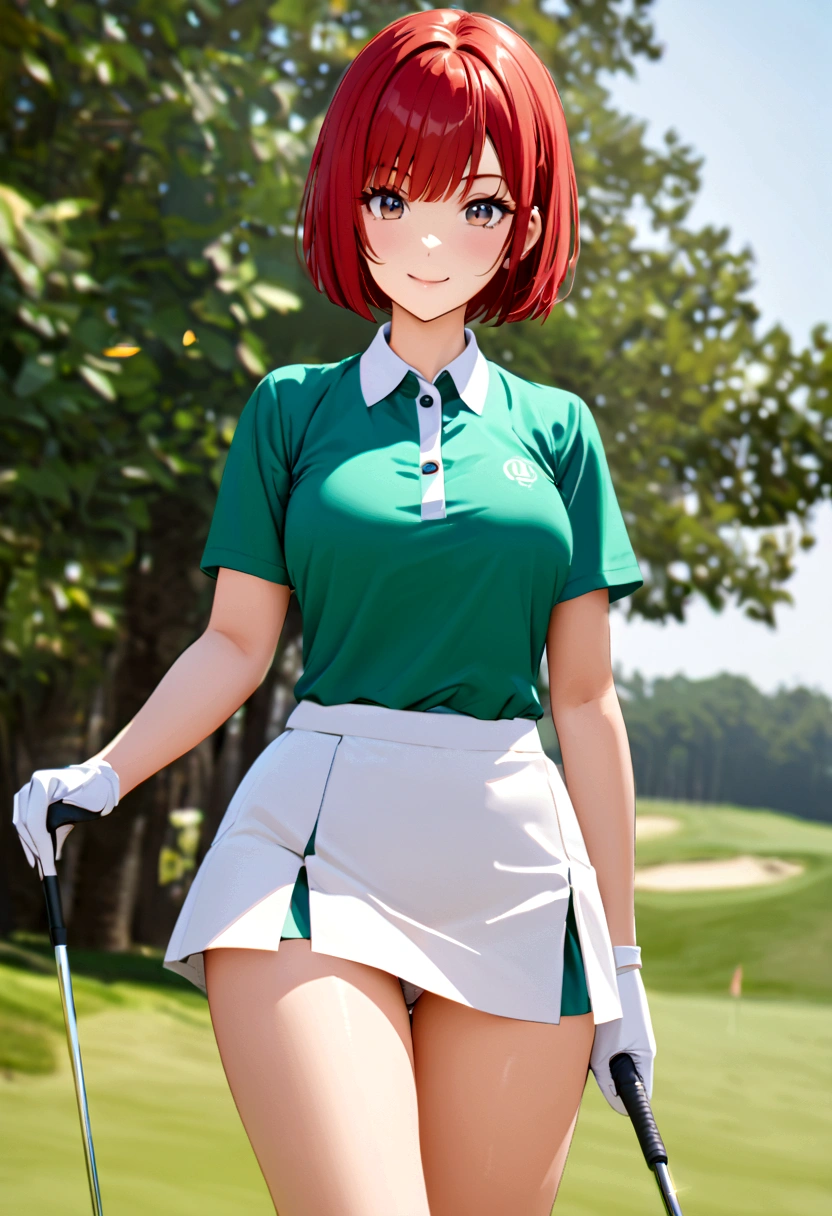 sound high resolution 8k beauty Woman playing golf Golf course Beautiful woman Bobcut Red hair Golf Wear mini skirt smile looking at the camera nice shot