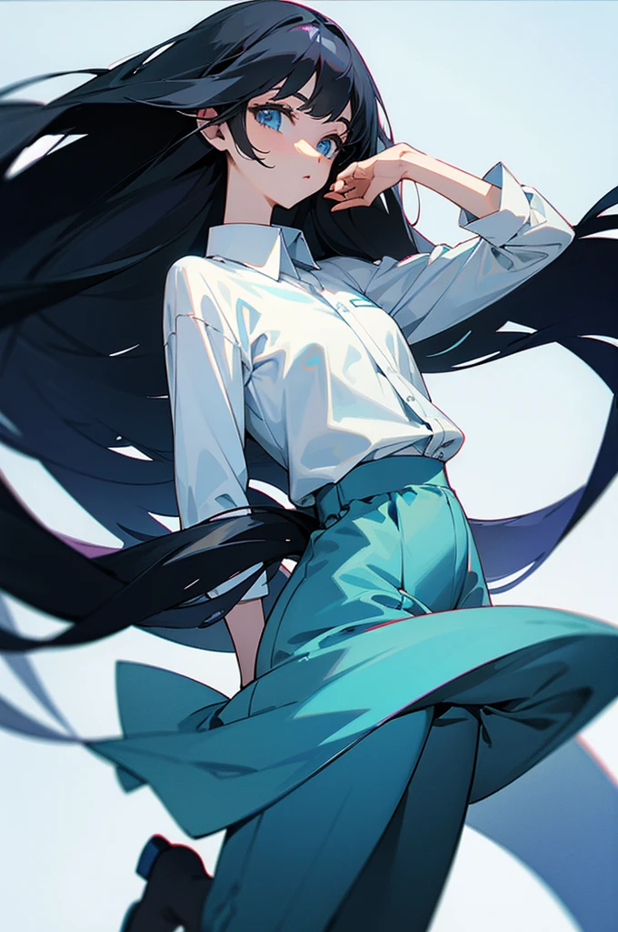 black hair, long hair, dolphin pants, dress shirt, light blue eyes, slim body