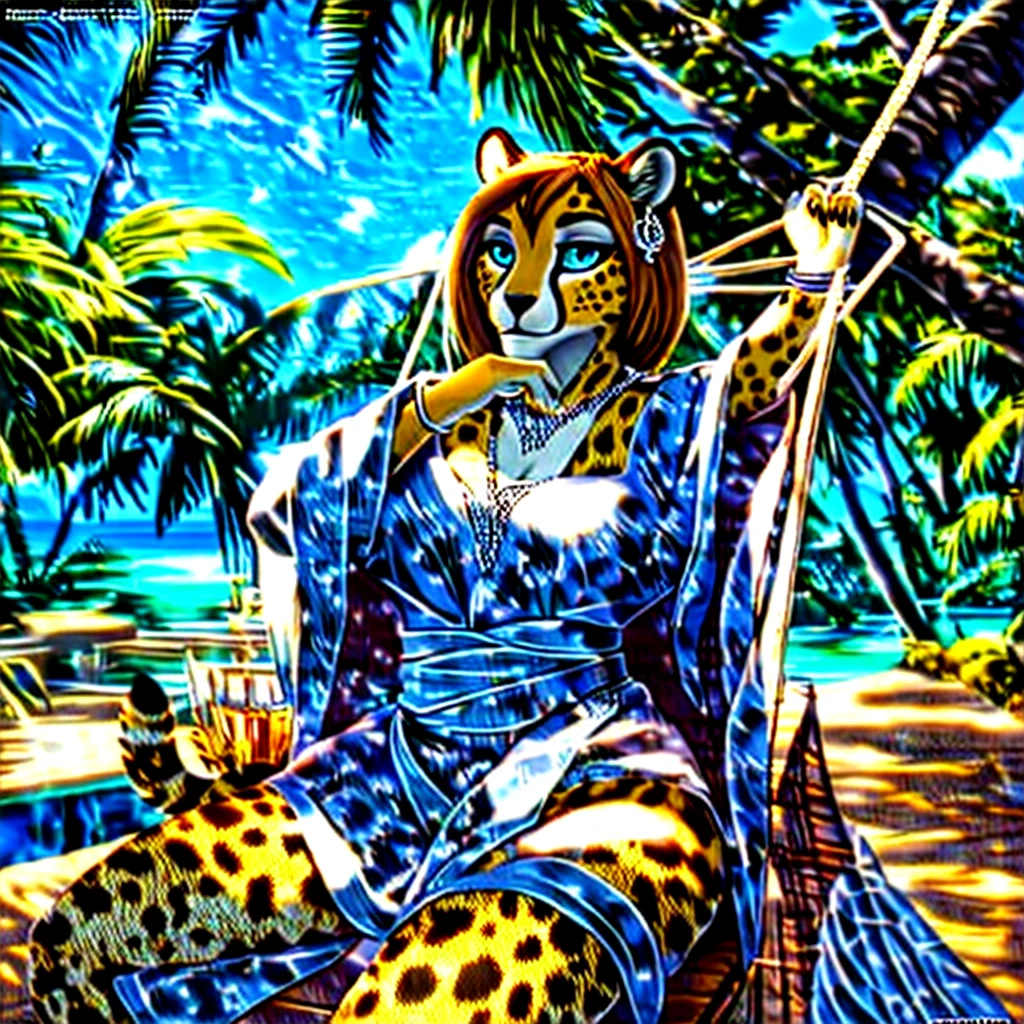 4k highly detailed realistic digital extremely high quality drawing, masterpiece, (by keeltheequine), (uploaded on e621), (beautiful and detailed eyes: 1.1), cinematic lighting, (f1.8 short focus bokeh), Female cheetah, fat, hammock, tropical setting, kimono, silver earrings, silver bracelets, silver rings, silver necklaces