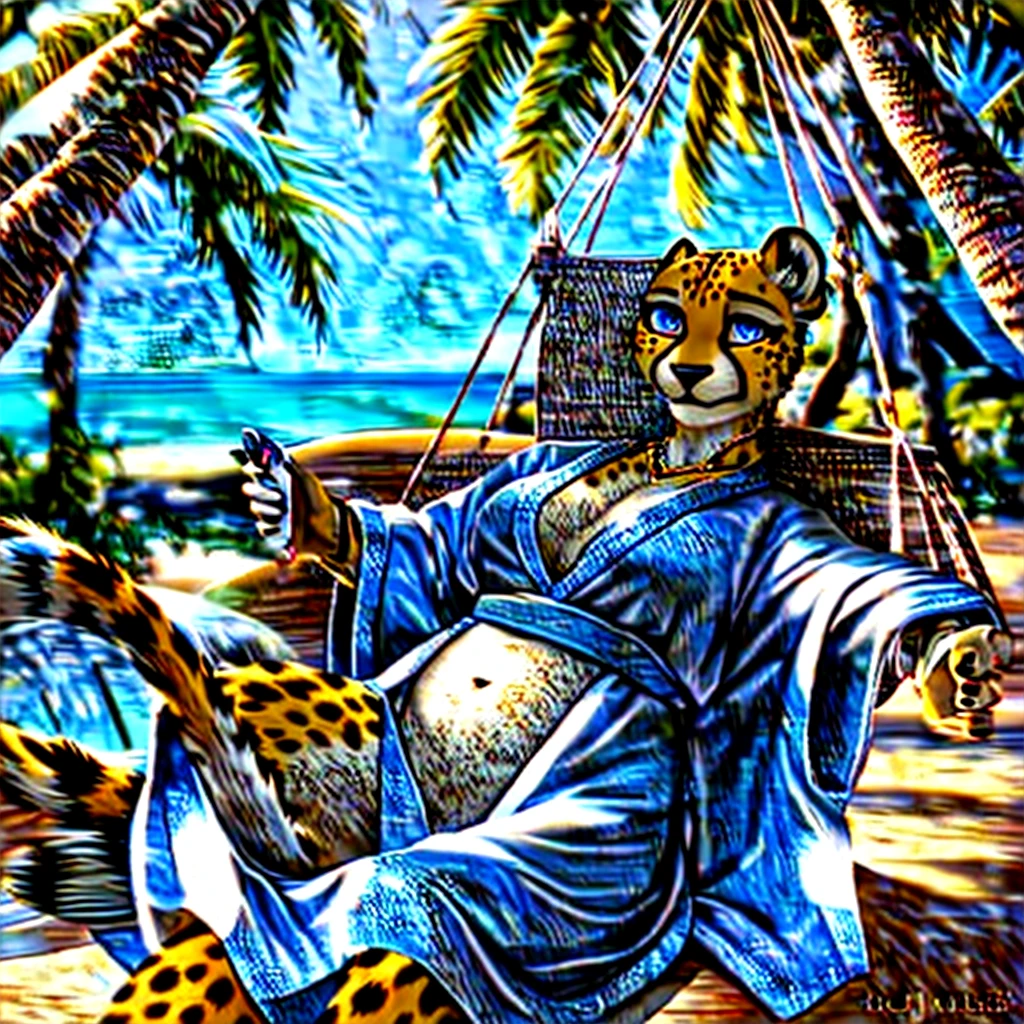 4k highly detailed realistic digital extremely high quality drawing, masterpiece, (by keeltheequine), (uploaded on e621), (beautiful and detailed eyes: 1.1), cinematic lighting, (f1.8 short focus bokeh), Female cheetah, fat, hammock, tropical setting, kimono, silver earrings, silver bracelets, silver rings, silver necklaces