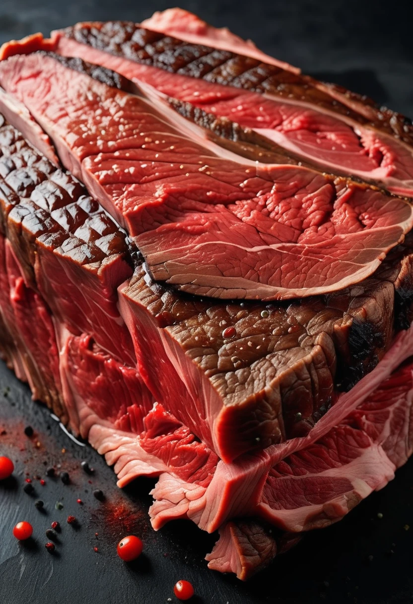 A large cut of beef,Surface smoke black,The outer surface is dark black,Cut surface is red,Have an appetite,Textured,High realism