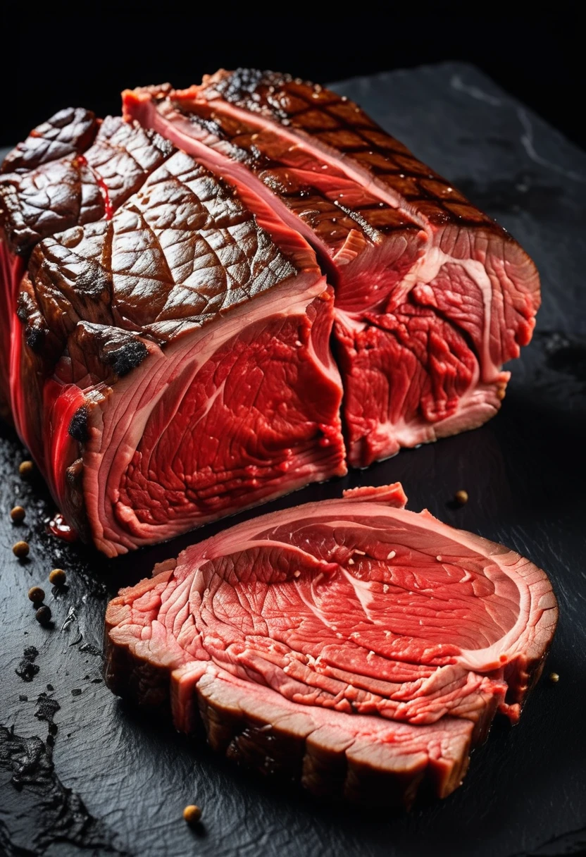 A large cut of beef,Surface smoke black,The outer surface is dark black,Cut surface is red,Have an appetite,Textured,High realism