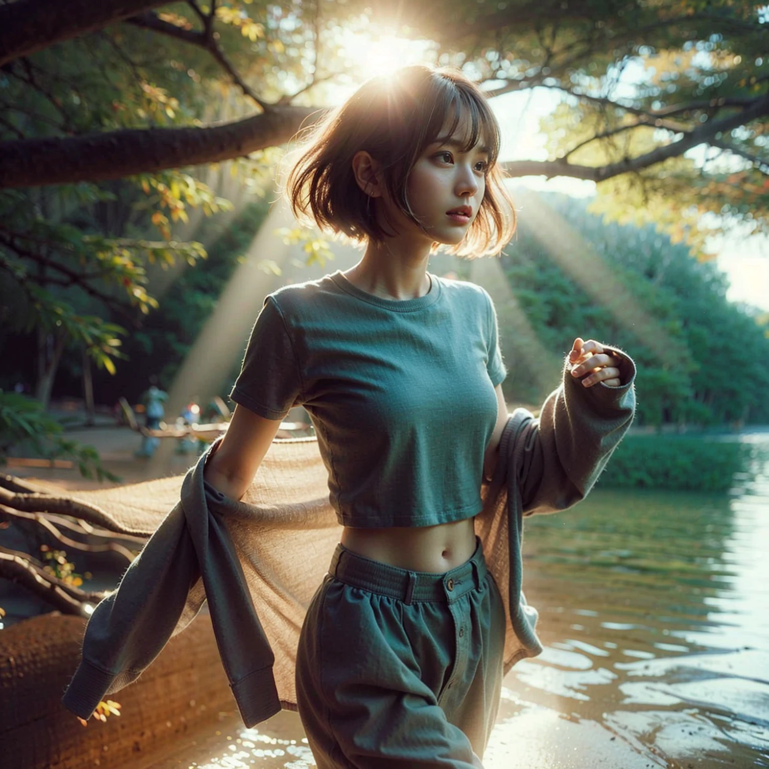 (masterpiece, best quality:1.2), (8k, uhd, ultra high res), professional lighting, (super intricate all details), (super realistic all textures), realistic photo, ultra sharp photo result, superrealism, Lakeside park with sunlight shining through the trees, (school uniform, shirt, skirt), japanese female, , , skinny body, flat chest, (Tanned wheat skin:1.2), beautiful face, super detailed face, Dramatic poses with movement
