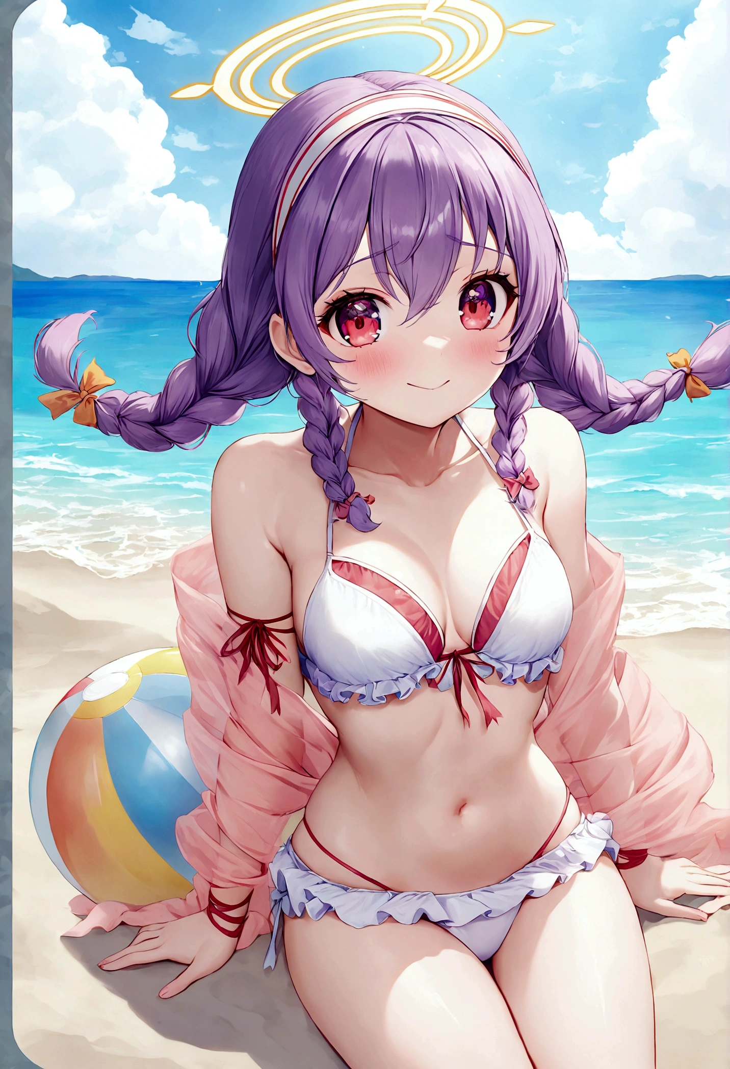 1girl, solo, hairband, beautiful eyes, white kneesocks, shy, , beach, (bikini), (frilled bikini), white bikini, shawl, happy, ribbons, leg ribbons, arms ribbons, laced bikini, daytime, water, sand, beach ball, (atsuko), red eyes, purple hair, long hair, bangs, hair between eyes, braid, twin braids, hair bow, halo, .(kawaii).(adorable).((cutie)).((imouto)).(soft)., BAPV, pink thema, yellow thema, blue thema, red thema, gray thema,