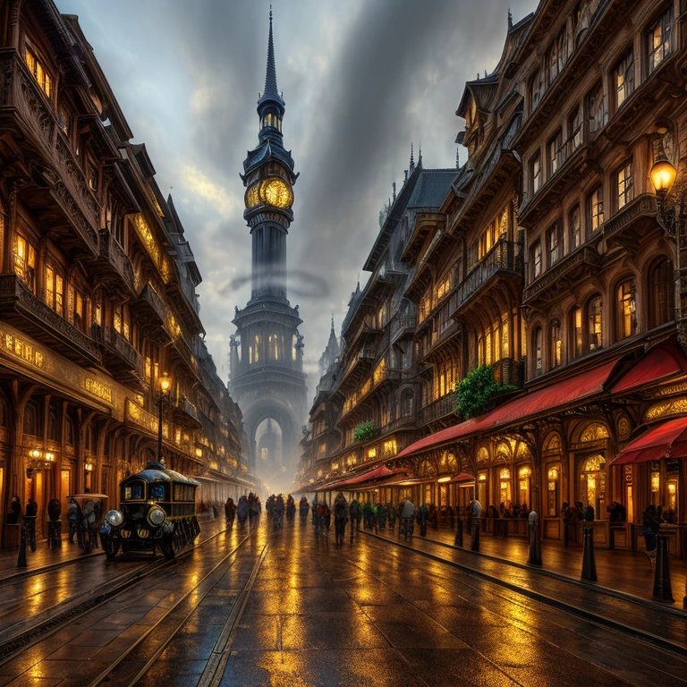 (wallpaper),32k,((Extremely exquisite and beautiful)),(((masterpiece))),(((best quality))),(超high resolution),Realistic shadows,(high resolution), Fantasy style,Steampunk,Industrial age city, A means of transportation that combines machinery and steam engines,Building Street, rain, smoke,European Architecture