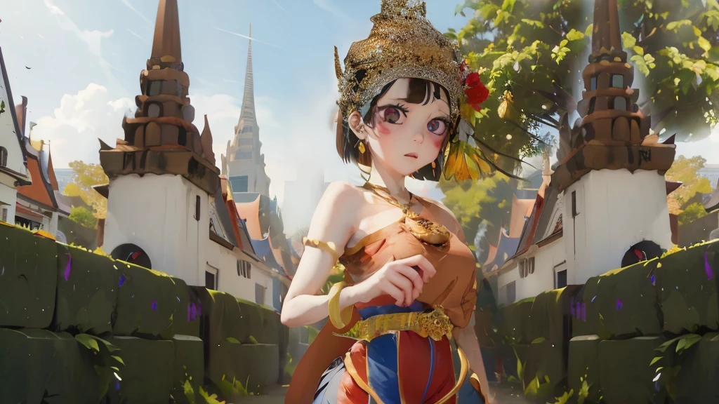 anime girl in a brown dress and a crown standing in front of a castle, artwork in the style of guweiz, anime thai girl, guweiz, artgerm and atey ghailan, guweiz on artstation pixiv, guweiz on pixiv artstation, 2. 5 d cgi anime fantasy artwork, guweiz masterpiece, Pomni in thai dress and The background is a Thai temple, Red and blue shirt, Pomni face, Maintain the same details