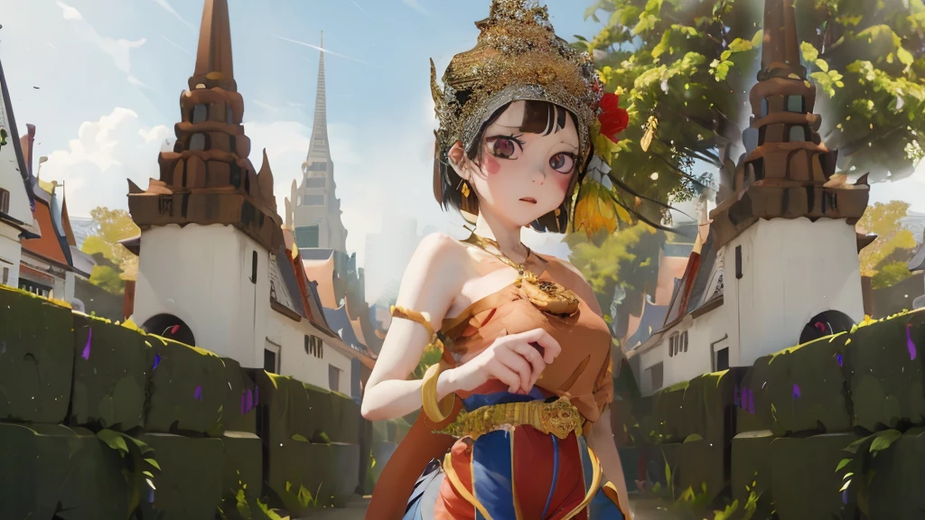 anime girl in a brown dress and a crown standing in front of a castle, artwork in the style of guweiz, anime thai girl, guweiz, artgerm and atey ghailan, guweiz on artstation pixiv, guweiz on pixiv artstation, 2. 5 d cgi anime fantasy artwork, guweiz masterpiece, Pomni in thai dress and The background is a Thai temple, Red and blue shirt, Pomni face, Maintain the same details