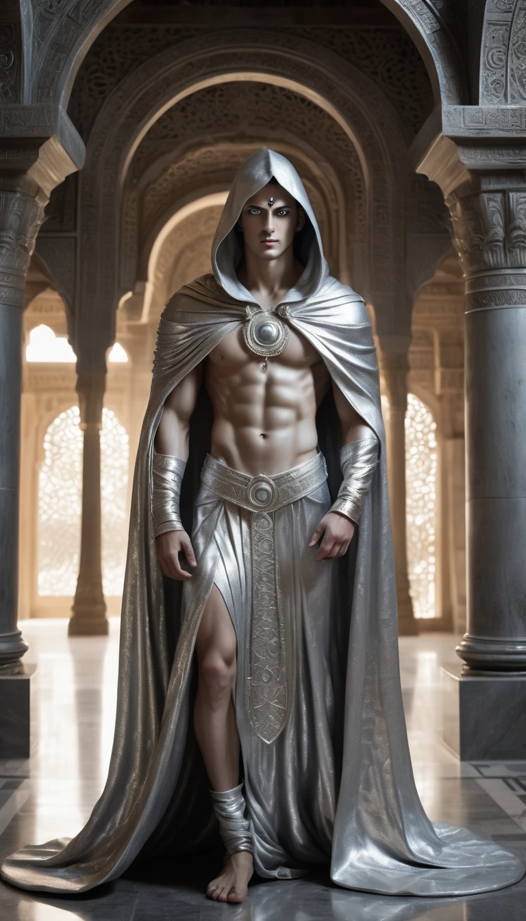 A full-length statue of the beautiful sexual young man with beautiful opened silver eyes looking forward with silver skin - God of the moon, made of silver, arabic appearance, naked in a floor-length silver skirt, covered with a hood, semicircular symbols on clothes
In the temple with Arabic architecture made of silver, dark fantasy style