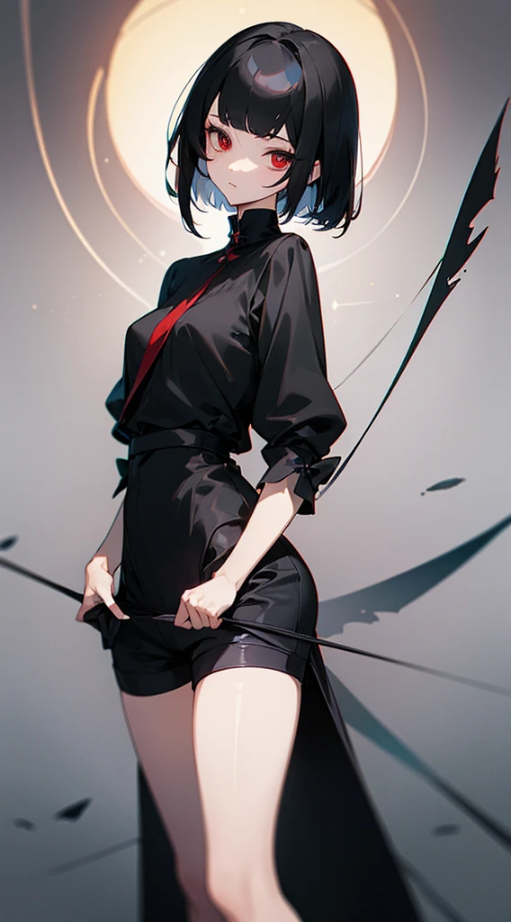 ((Best Quality)), ((Masterpiece)), (Detailed), Girl with short black hair, with straight bangs, red eyes, eyes with eris showing strength, tall and slender, very beautiful and feminine features, with loose black clothing, wearing shorts with long black stockings, short hair