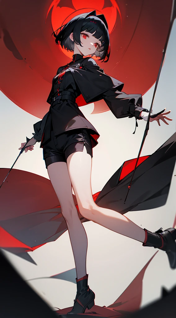 ((Best Quality)), ((Masterpiece)), (Detailed), Girl with short black hair, with straight bangs, red eyes, eyes with eris showing strength, tall and slender, very beautiful and feminine features, with loose black clothing, wearing shorts with long black stockings, short hair