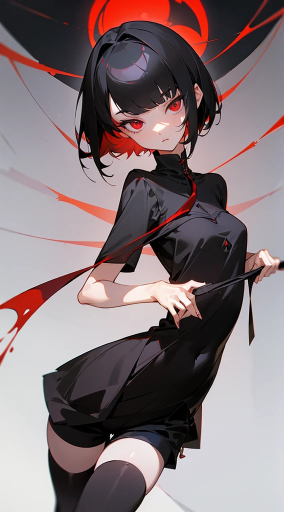 ((Best Quality)), ((Masterpiece)), (Detailed), Girl with short black hair, with straight bangs, red eyes, eyes with eris showing strength, tall and slender, very beautiful and feminine features, with loose black clothing, wearing shorts with long black stockings, short hair