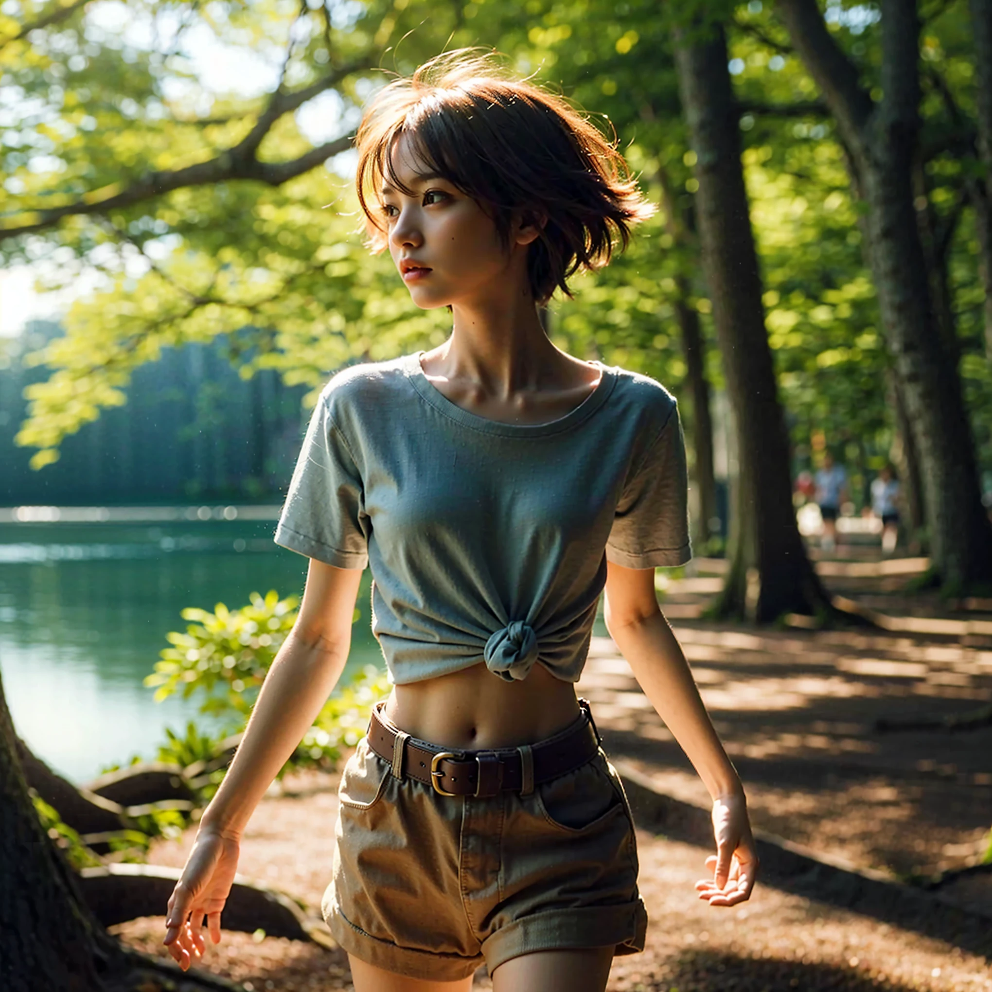 (masterpiece, best quality:1.2), (8k, uhd, ultra high res), professional lighting, (super intricate all details), (super realistic all textures), realistic photo, ultra sharp photo result, superrealism, Lakeside park with sunlight shining through the trees, (school uniform, shirt, skirt), japanese female, 17 years old, , skinny body, flat chest, (Tanned wheat skin:1.2), beautiful face, super detailed face, Dramatic poses with movement