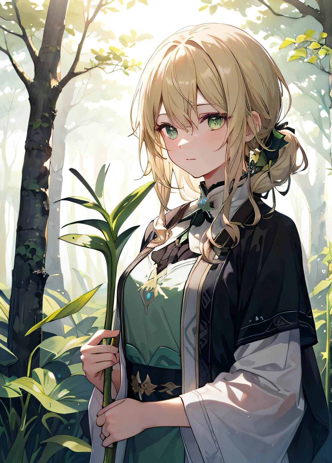 The Verdant Oracle, guardian of the sacred forest and keeper of ancient knowledge.
Prompt: young woman, 20 years old, 1girl, holding a sprig of mistletoe, standing in front of a misty forest background, surrounded by greenery, ((Verdanthia auras around)), subtle glowing aura, flowing hair, green dress, ((earth tones)), ((floral patterns)), ((watercolor painting effect)), detailed face, green eyes, serene expression, peaceful, ((natural environment)), misty forest, early morning, ((sunlight seeping through trees)), ((foggy atmosphere)), soft focus, medium shot