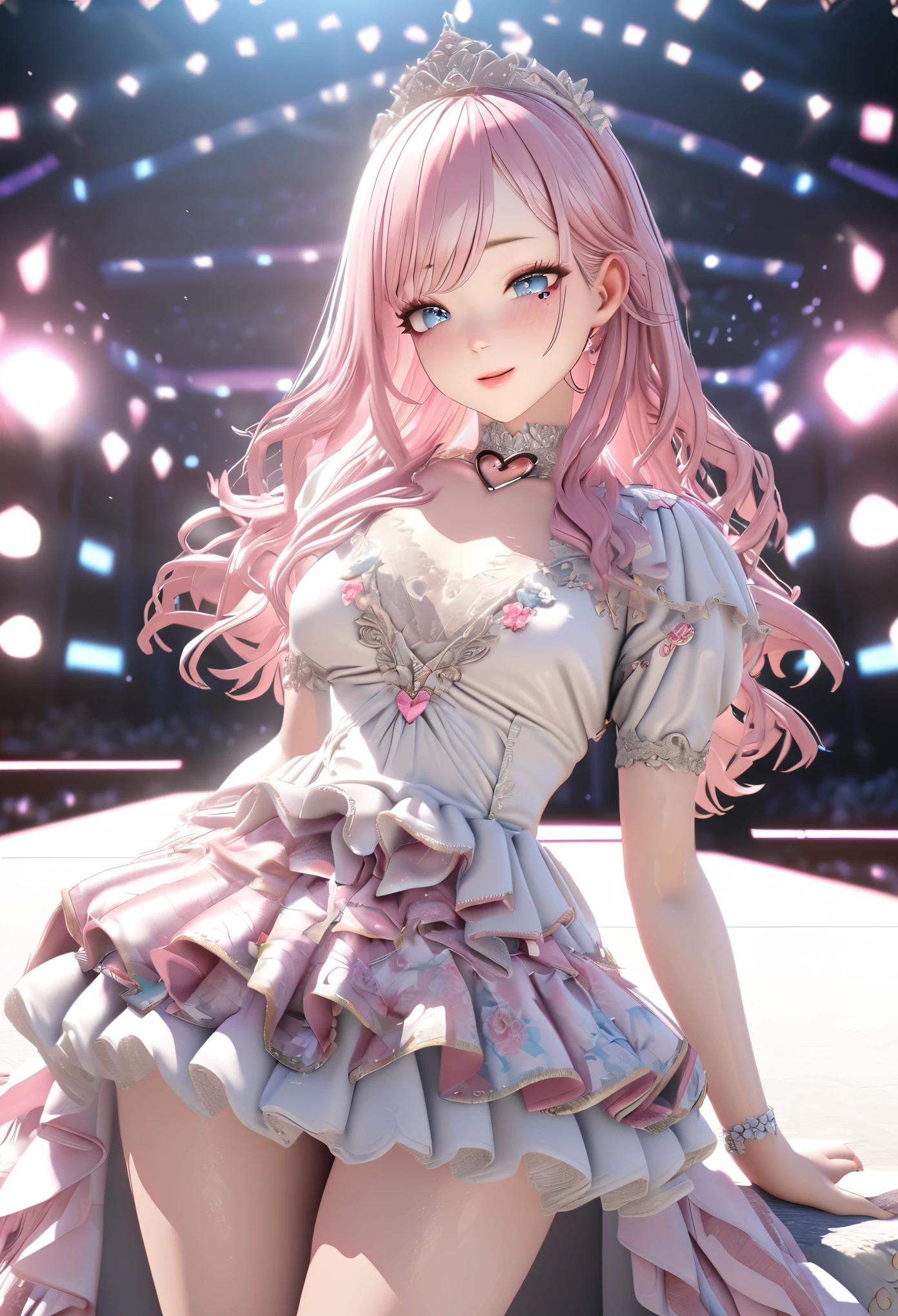 One girl looking at the audience, beautiful blue eyes, pink medium long hair, mole under eye, plump glossy lips, heart shaped choker, idol, smiling, ... 3D, realistic, princess dress with too many frills, mini skirt, draped clothes, jewels, stripped of embellishments, floral print, lace trim, bright stage, masterpiece, best quality, 8k, detailed skin texture, detailed fabric texture, beautifully detailed face, intricate details, highly detailed, ultra high resolution, 8K Ultra HD, film grain, best shadows, delicate, looking at the audience, frontal