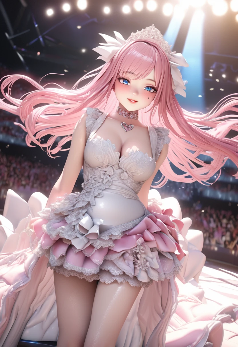 One girl looking at the audience, beautiful blue eyes, pink medium long hair, mole under eye, plump glossy lips, heart shaped choker, idol, smiling, ... 3D, realistic, princess dress with too many frills, mini skirt, draped clothes, jewels, stripped of embellishments, floral print, lace trim, bright stage, masterpiece, best quality, 8k, detailed skin texture, detailed fabric texture, beautifully detailed face, intricate details, highly detailed, ultra high resolution, 8K Ultra HD, film grain, best shadows, delicate, looking at the audience, frontal