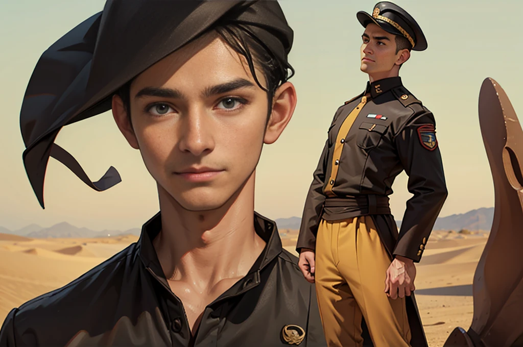 Portrait of a man in his 40s、standing、 soldier、Long body、 、desert background、Squid Game