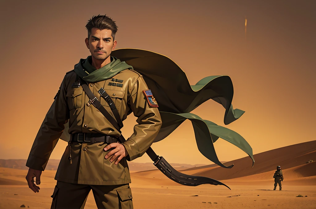 Portrait of a man in his 40s、standing、 soldier、Long body、 、desert background、Squid Game