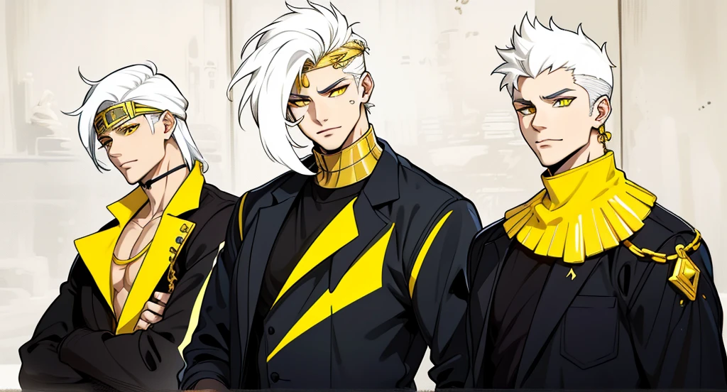 There are 5 Egyptian gods, one of them is intimidating. They have a youthful appearance of 17 years old, white hair, big yellow eyes, they have golden jewelry, black and yellow clothes.