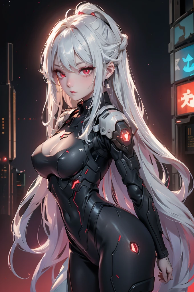 ((Cyberpunk women images))，arms behind head,(masterpiece:1.4, highest quality, Dutch Angle)(One Girl, alone)（Gray hair that changes with light、Smooth and straight hair、WHITE hair fluttering in the wind）、（beautiful, Glowing Skin、Cheek Gloss Highlighter、Sexy and very beautiful and adorable face、世界で最もbeautiful顔、big, Glowing red eyes）、（Cute 25 year old girl、Ample breasts、Tight waist、Delicate shoulders、Perfect figure）（Overall dark、A ruined futuristic city、The world at the end of the century、Traces of war、cave、Remains）(Futuristic combat suit、White combat armor、Highly decorated combat uniform)（Shooting from close range、Pictures of female faces）
