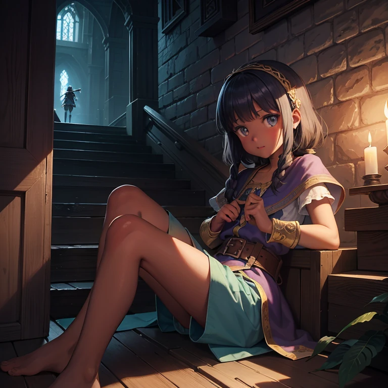 最high quality、high quality、Frugal cloth clothes、１０Year-old girl adventurer、Climb the labyrinth stairs、Shorts、Equipped with a dagger and a shield、Inside the dim labyrinth