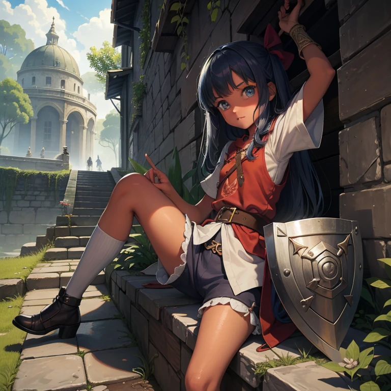 最high quality、high quality、Frugal cloth clothes、10Year-old girl adventurer、Climb the labyrinth stairs、Shorts、Equipped with a dagger and a shield、Inside the dim labyrinth