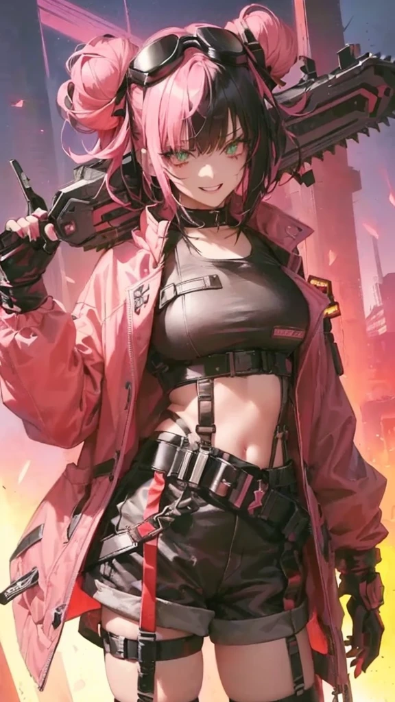 ltra-detailed, Girl, beautiful eyes, , cute figure, pretty face, scary smile, executioner, cyberpunk style goggles on head, sharp eyes, wild and bold, hair color is pink gradient with black accents only on left side hair, bun hair, bob cut bangs, dressed in She is wearing a large military design jacket, black shorts, thigh-high knee socks, boots, leather gloves with cut-off fingers, a chainsaw with pretty decorations on her hand, and in the background, strong men of the Hell's Death Squad wearing pink cloth, composition looks like a scene from a movie, 16k. A movie scene, 16k, top quality, a masterpiece