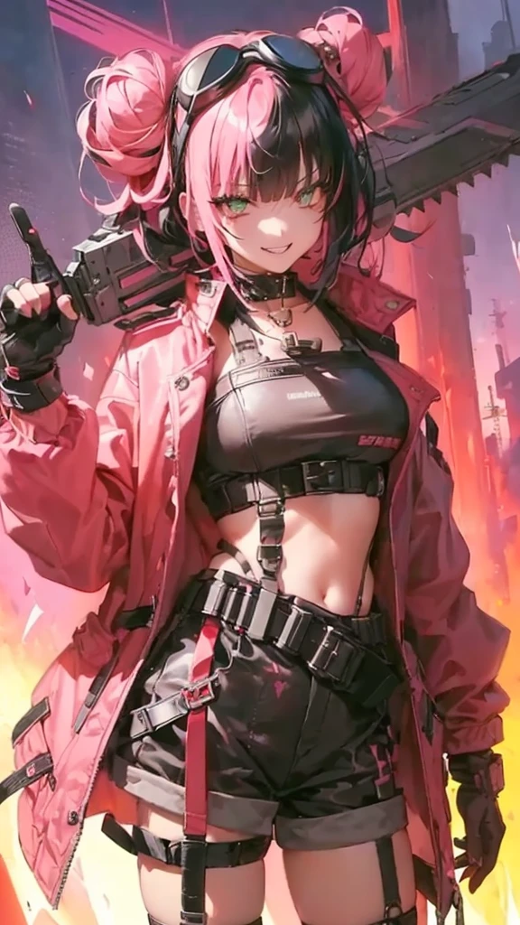 ltra-detailed, Girl, beautiful eyes, , cute figure, pretty face, scary smile, executioner, cyberpunk style goggles on head, sharp eyes, wild and bold, hair color is pink gradient with black accents only on left side hair, bun hair, bob cut bangs, dressed in She is wearing a large military design jacket, black shorts, thigh-high knee socks, boots, leather gloves with cut-off fingers, a chainsaw with pretty decorations on her hand, and in the background, strong men of the Hell's Death Squad wearing pink cloth, composition looks like a scene from a movie, 16k. A movie scene, 16k, top quality, a masterpiece