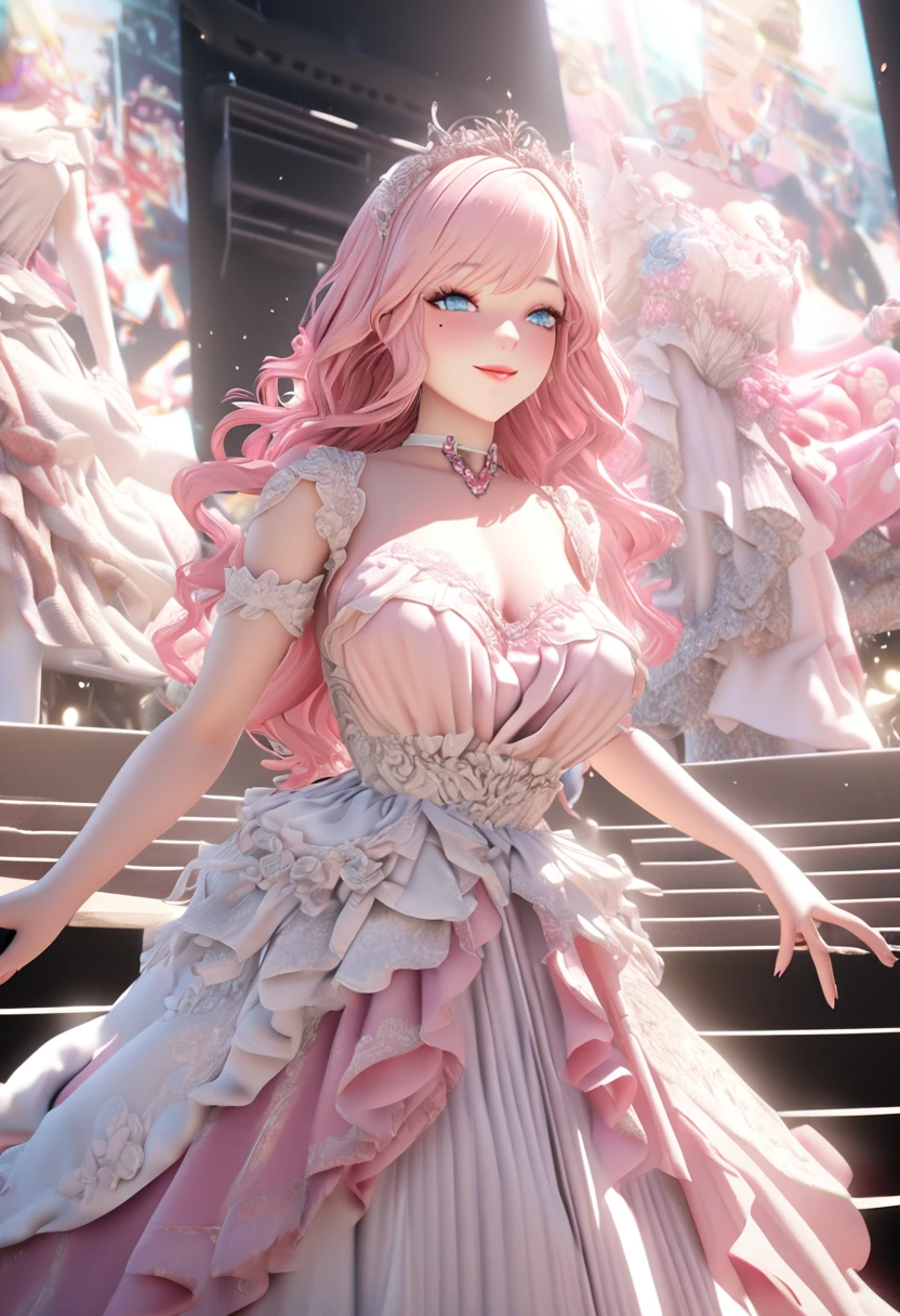 One girl looking at the audience, beautiful blue eyes, pink medium long hair, mole under eye, plump glossy lips, heart shaped choker, idol, smiling, ... 3D, realistic, princess dress with too many frills, draped clothes, jewels, stripped of embellishments, floral print, lace trim, bright stage, masterpiece, best quality, 8k, detailed skin texture, detailed fabric texture, beautifully detailed face, intricate details, highly detailed, ultra high resolution, 8K Ultra HD, film grain, best shadows, delicate, looking at the audience, frontal
