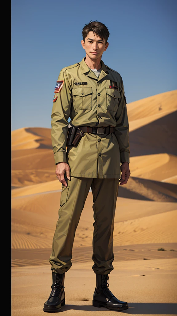Portrait of a man in his 40s、standing、 soldier、Long body、 、desert background、