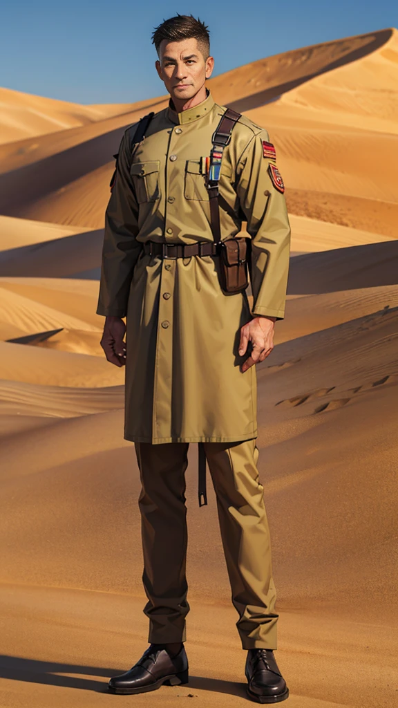 Portrait of a man in his 40s、standing、 soldier、Long body、 、desert background、