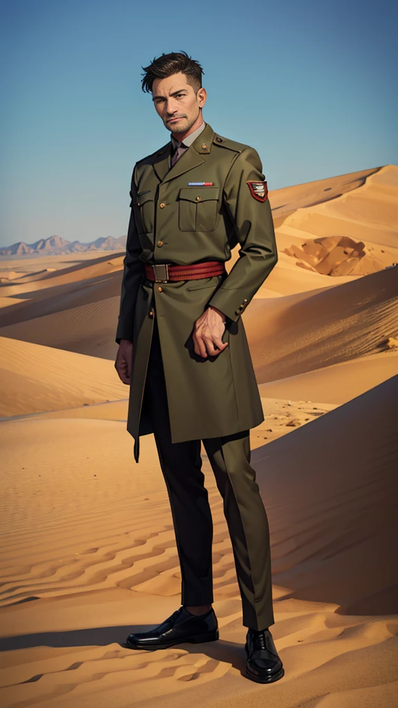 Portrait of a man in his 40s、standing、 soldier、Long body、 、desert background、