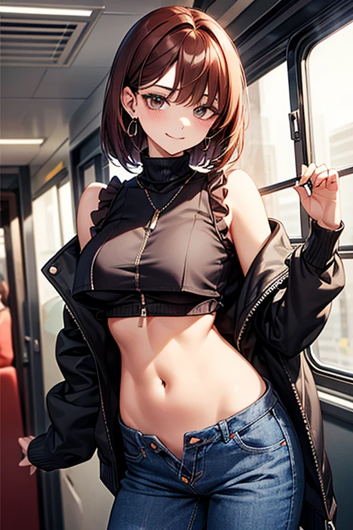 Reddish brown hair、Earrings、necklace、Sleeveless shirt、Shoulder Bare、Zip-up turtleneck、sexy、Cowboy Shot、In a crowded train、Disheveled clothing、Office casual fashion、The inner string is visible、Asymmetrical design、Tight pants、Off-the-shoulder oversize short jacket、Voluminous bob cut、Asymmetrical hairstyle、High leg pants、jeans、Dark navy jeans、Sideboob、White top、Belly button、Trouser buttons and zippers are undone and open、smile、The pants are unbuttoned、The trousers zipper is open、Underboob、Frills、Underboob、Hook one's fingers around one's collar、Hold the zipper with your hands、Pastel colored underwear、Stick your hand inside your pants、Pantieodest chest、Slender、Smaller breasts