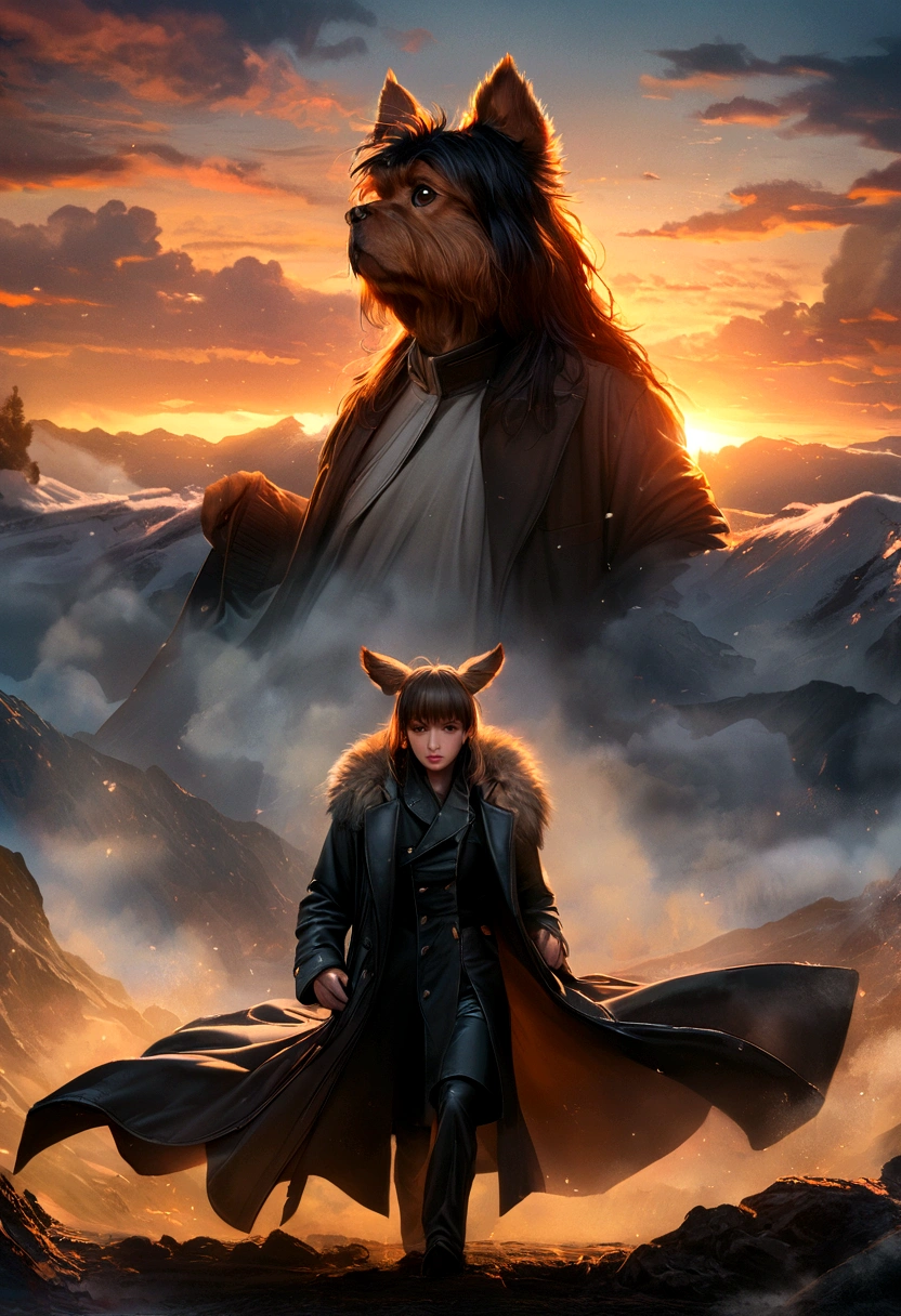 Yorkshire terrier, (Long coat:1.3), 8k, Very realistic, tense, warm, Very detailed, sharp, Professional, 8K Ultra HD, movie, Outdoor, flow, dramatic, Vibrant, Tense atmosphere, reproduction, amazing, Sunset, High resolution, Album cover, Blizzard, Auf einem Felsen im flow stehend
