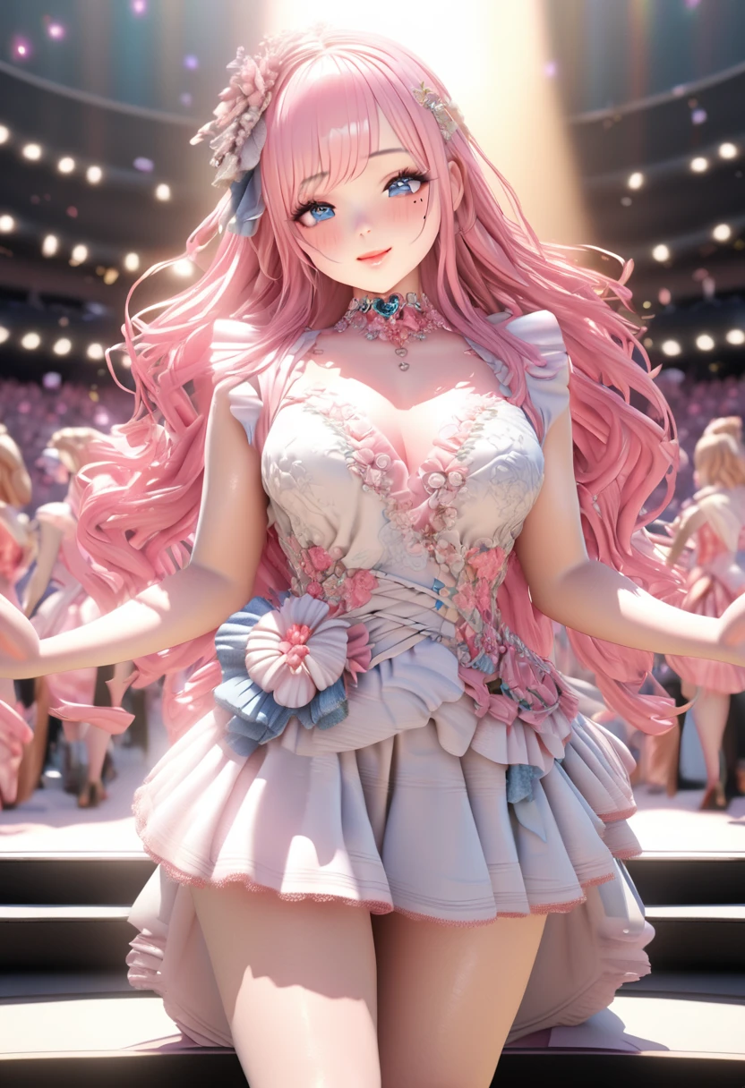 One girl looking at the audience, beautiful blue eyes, pink medium long hair, mole under eye, plump glossy lips, heart shaped choker, idol, smiling, ... 3D, realistic, princess dress with too many frills, mini skirt, draped clothes, jewels, stripped of embellishments, floral print, lace trim, bright stage, masterpiece, best quality, 8k, detailed skin texture, detailed fabric texture, beautifully detailed face, intricate details, highly detailed, ultra high resolution, 8K Ultra HD, film grain, best shadows, delicate, looking at the audience, frontal