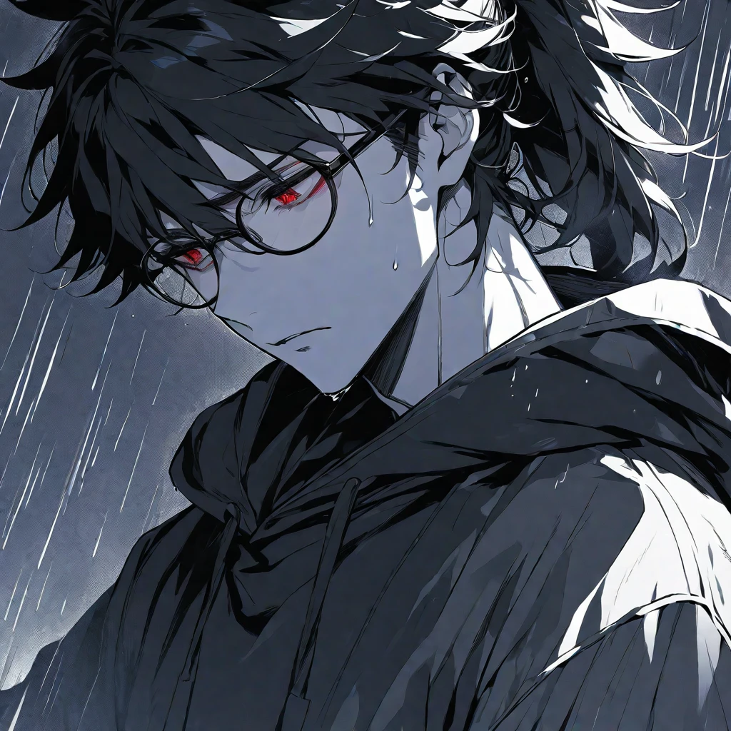 solo, handsome,Monochrome,
1 male,
Ponytail, Braided black hair,
red eyes, Gojo Satoru,casual, black hoodie,
monotone,cool,Sadness,Feelings of emptiness,Emptiness,Round Glasses,Put on the hood,rain,
black background,Look down