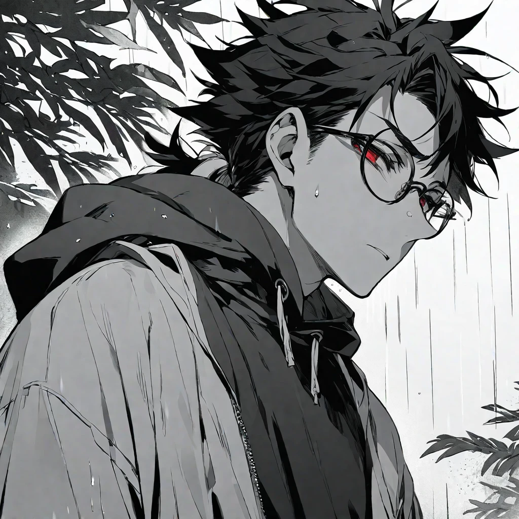 solo, handsome,Monochrome,
1 male, 
Ponytail, Braided black hair, 
red eyes, Gojo Satoru,casual, black hoodie,
monotone,cool,Sadness,Feelings of emptiness,Emptiness,Round Glasses,Put on the hood,rain,
black background,Look down