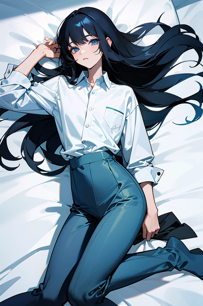 black hair, long hair, dolphin pants, dress shirt, light blue eyes, slim body, on the bed
