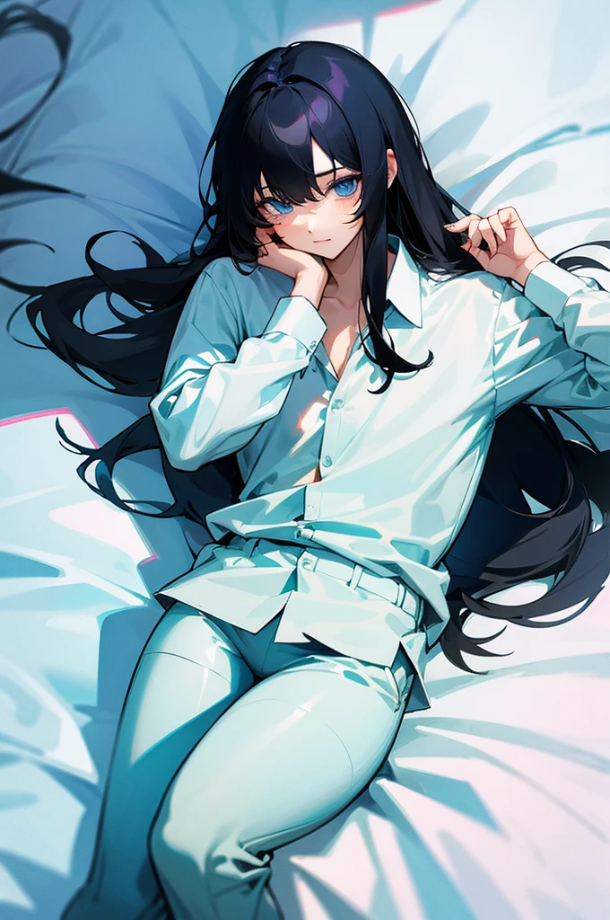 black hair, long hair, dolphin pants, dress shirt, light blue eyes, slim body, on the bed