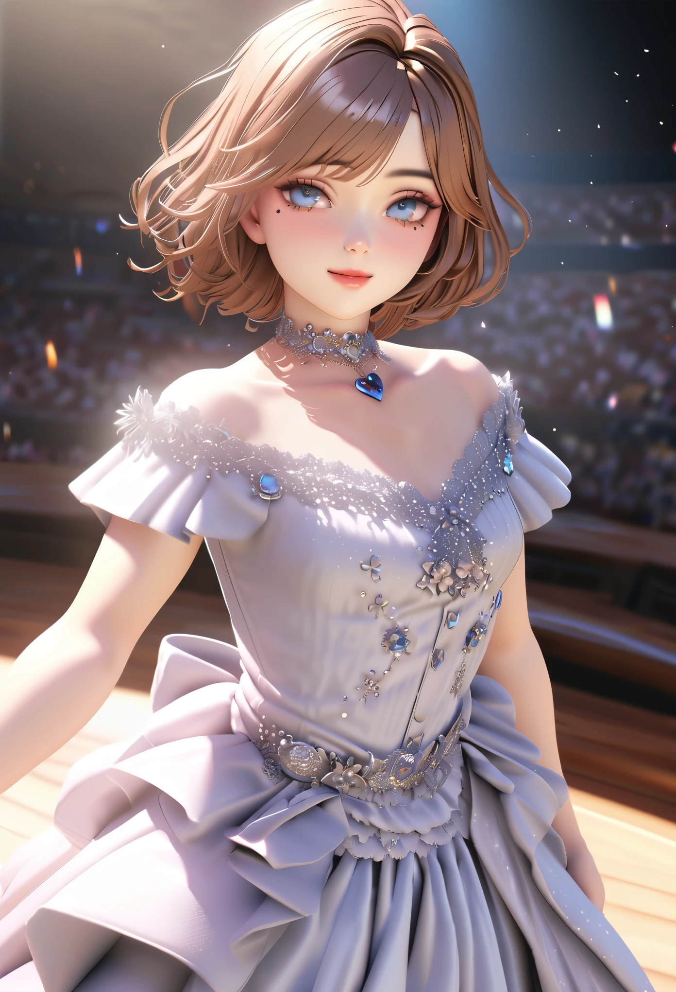 One girl, looking at the audience,
beautiful blue eyes, brown short hair, mole under eye, plump glossy lips, heart shaped choker, idol, smiling, . . . . 3D, realistic,
princess dress with too many frills, draped clothes, jewels, embellishments stripped away, floral patterns, lace trim, bright stage,
masterpiece, best quality, 8k, detailed skin texture, detailed fabric texture, beautifully detailed face, intricate details, highly detailed,
ultra high resolution, 8K Ultra HD, film grain, best shadows, delicate, looking at the audience, front