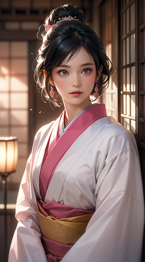(Realistic)、(Realistic:1.2)、(High resolution)、Very detailed、Very beautiful face and eyes、1 girl、Delicate body、(highest quality、Attention to detail、Rich skin detail)、(highest quality、8k、Oil paint:1.2)、Very detailed、(Realistic、Realistic:1.37)、Bright colors、Full Body Shot,black_hair, Beautiful 8k eyes,Looking_in_Audience,One person in,Are standing,((Very beautiful woman, Fuller lips, Japanese pintern kimono))、((Colorful Japanese kimono)))、(((blackhair)))、(((Blunt bung,short hair)))、((( Inside an old Japanese house with a (short focus :1.4),)))、(masterpiece, highest quality, highest quality, Official Art, beautifully、aesthetic:1.2),(Fractal Art:1.3),Sengoku period、Greg Rutkowski Written by Alphonse Mucha Ropp,short ,uchikake,nishijin ori,(realistic light and shadow), (real and delicate background),(muted colors, dim colors, soothing tones:1.3), low saturation, (hyperdetailed:1.2), (noir:0.4),drow,blurry_light_background, (vibrant color:1.2), cinematic lighting, ambient lighting,Single Shot,Shallow Focus,pink lip,blurry light background,