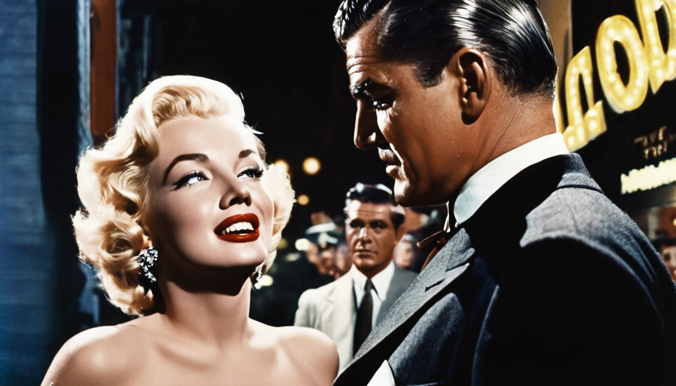 a poster shot from a vintage film still of Marilyn Monroe with makeup looking at Clark Gable with glasses and clean shaving outside a hollywood matinee at night, film poster